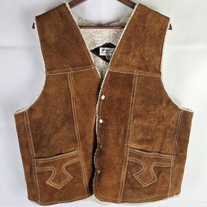Vintage Genuine Leather Vest W/ Sherpa Western Outdoor Rodeo Cowboy Farm Winter